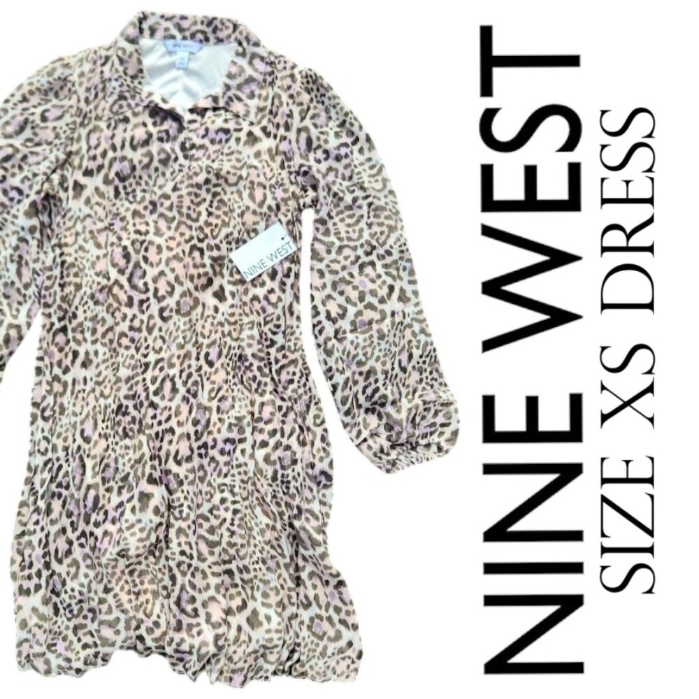 NEW Nine West Pleated Dress Size XS Cheetah Print Long Sleeve Shirt Size Small